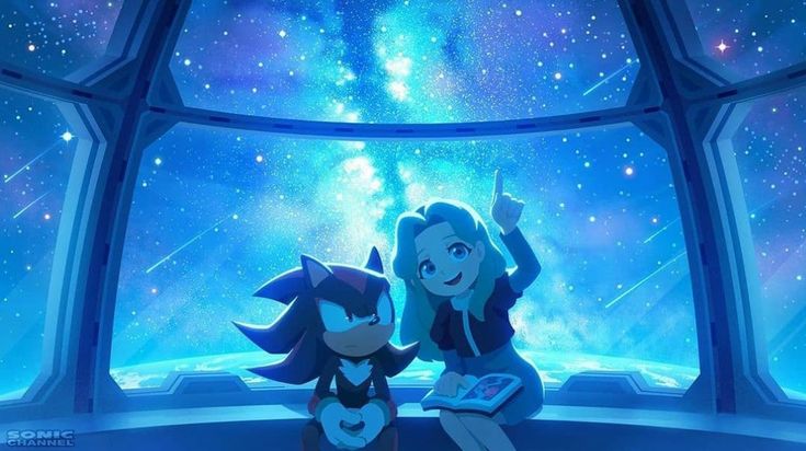 two cartoon characters are sitting in front of a window looking at the sky and stars