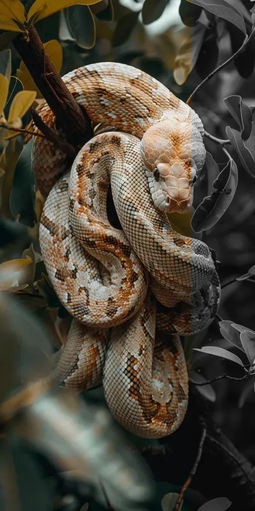 a large snake is curled up on a tree branch with leaves in the foreground