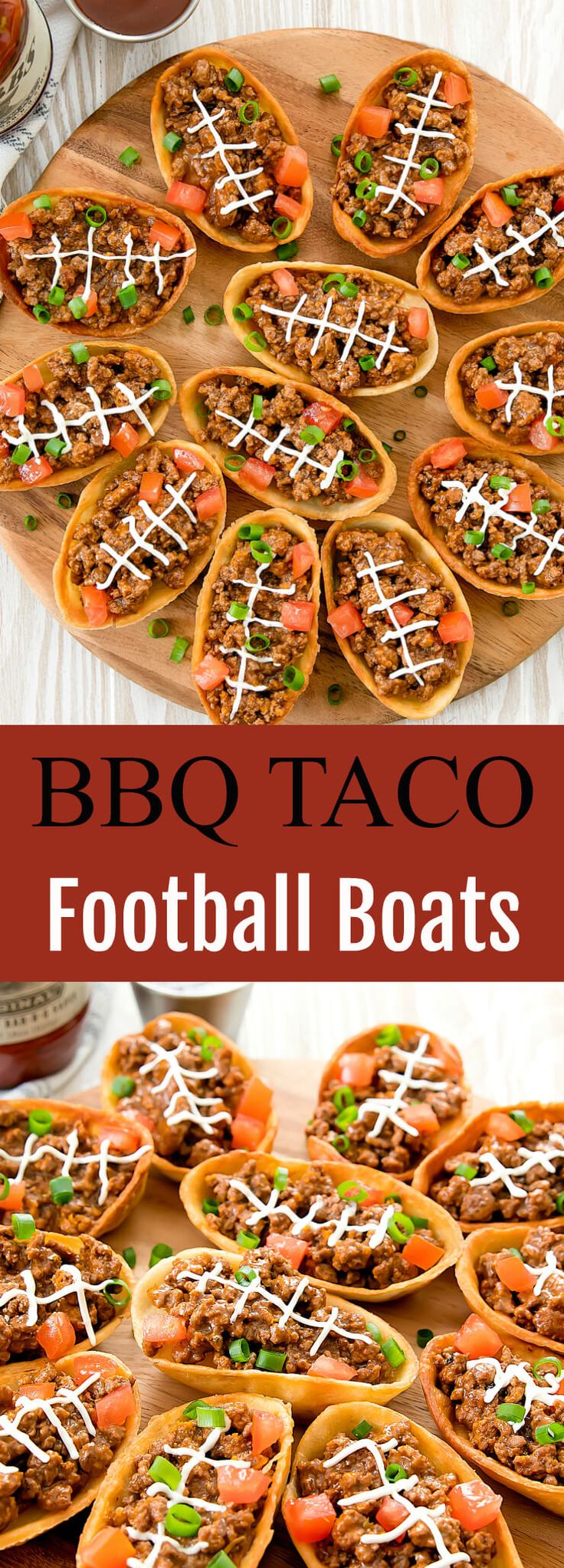 bbq taco football boats on a cutting board with text overlay that reads bbq taco football boats