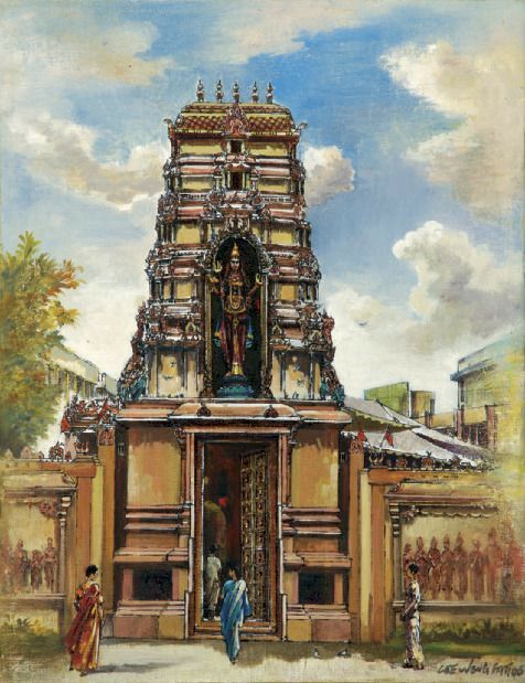 an oil painting of people entering a temple