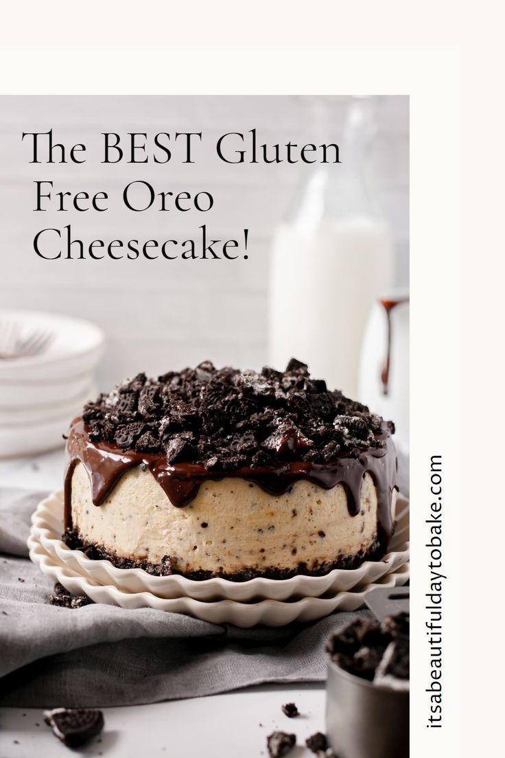 the best gluten free oreo cheesecake on a plate with milk in the background