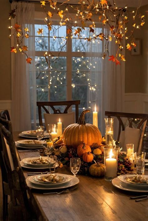 a dining room table with candles, plates and pumpkins on the table in front of a window