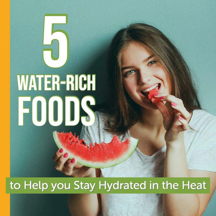 a woman eating watermelon with the words 5 water - rich foods to help you stay hydrated in the heat