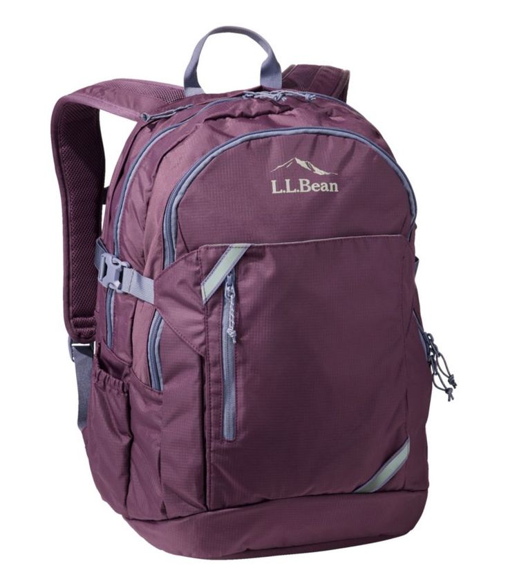 a purple backpack with the name lilbean on it's front and side zippers