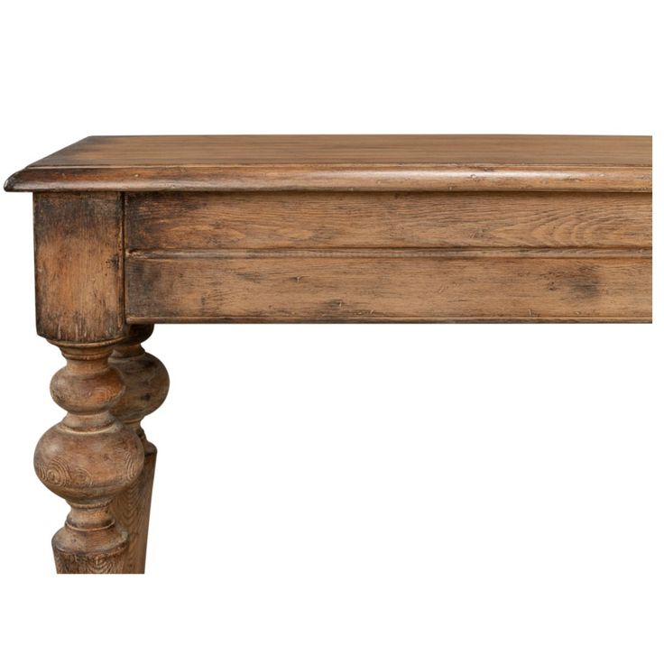 an old wooden table with turned legs on a white background, isolated from the camera