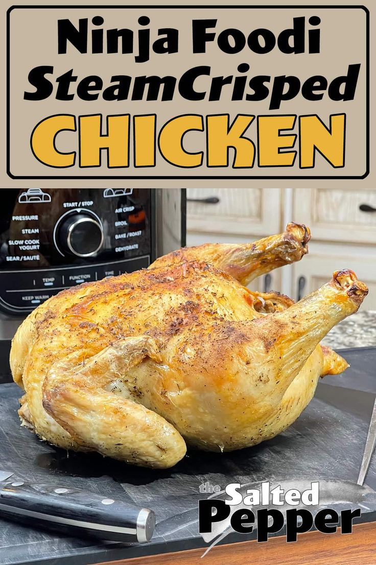 a chicken sitting on top of a counter next to an oven