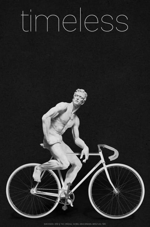 a black and white photo of a naked man riding a bike with the words timeless on it