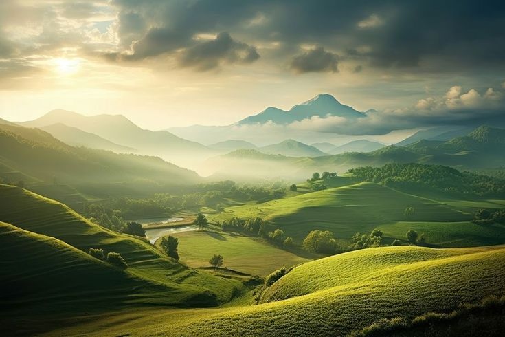 the sun shines brightly on green hills and valleys in the distance, while clouds loom over them