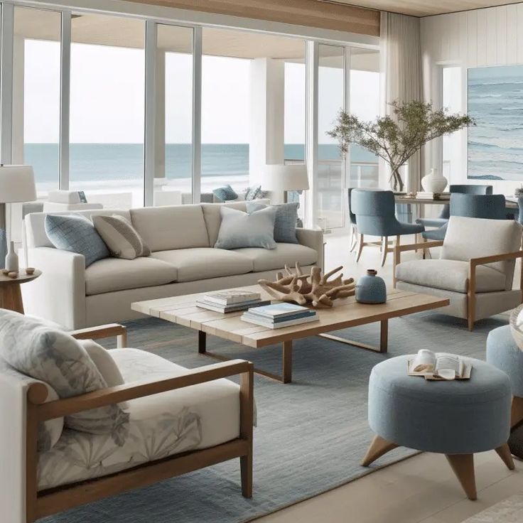 a living room filled with lots of furniture and large windows overlooking the ocean in front of it