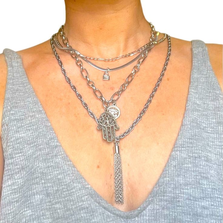 Adjustable 4 Necklace Set Silver Chain With Quartz Bezel Lock Silver Plate Tassel Long Chain Thick Curb Chain Hamsa Charm Figaro Chain Necklace Set Silver, 4 Necklace, Hamsa Charm, Figaro Chains, Figaro Chain, Long Chain, Curb Chain, Necklace Set, Womens Jewelry Necklace