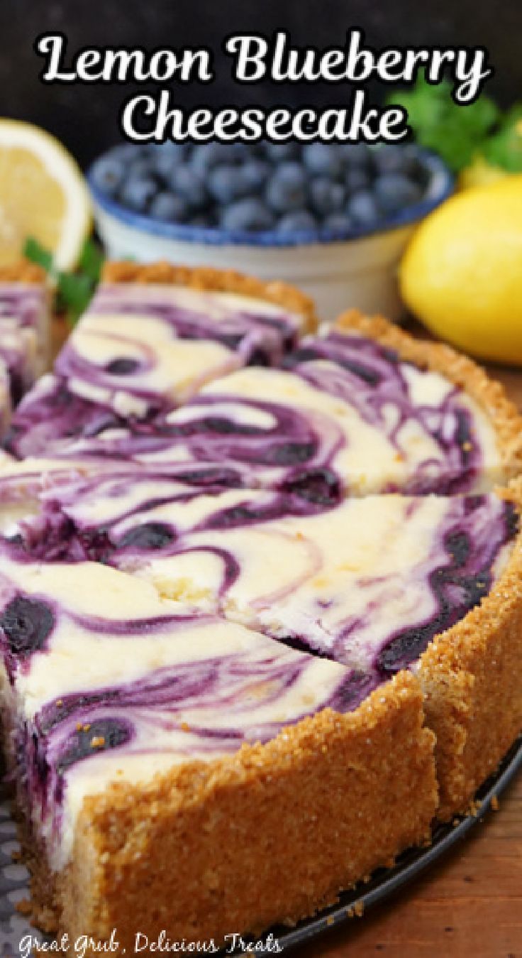 Four slices of cheesecake on the base of the springform pan with the title of the recipe at the top of the photo. Blueberry Lemon Cheesecake, Mini Lemon Cheesecakes, Blueberry Cheesecake Recipe, Food Sides, Dessert Cheesecake, Lemon Blueberry Cheesecake, Lemon Cheesecake Recipes, Homemade Cheesecake, Blueberry Sauce