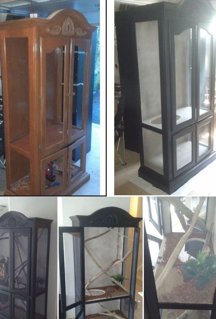 several different types of furniture in various stages of being cleaned and refinished, including an old china cabinet with glass doors