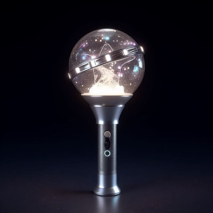 a light up ball on top of a metal stand with stars in the night sky