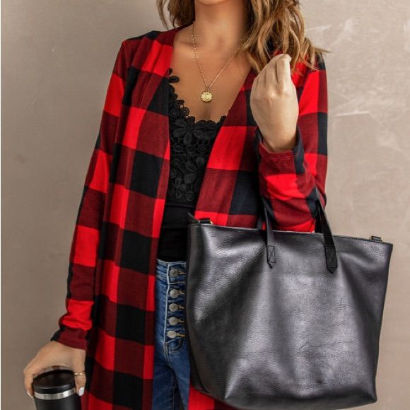 Plaids Red Black Knit Cardigan Sweater Jacket Light Width Not Lined Chic Red V-neck Outerwear, Chic Red Cardigan For Fall, Red Open Front Cardigan For Fall, Chic Plaid Cardigan With Long Sleeves, Chic Plaid Long Sleeve Cardigan, Chic Red Long Sleeve Cardigan, Plaid V-neck Cardigan For Fall, Plaid V-neck Outerwear For Fall, Casual Plaid V-neck Outerwear