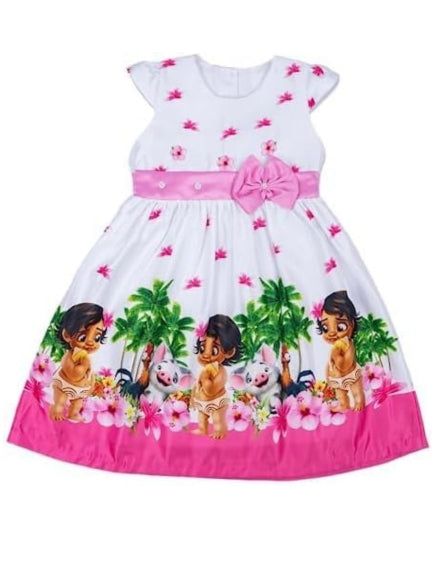 Adorable Design: Features vibrant images of baby Moana Moda and her friends against a tropical backdrop. High-Quality Materials: Made from durable and comfortable fabrics. Charming Details: Includes cap sleeves, a pink waistband with a bow, and a full skirt. Comfortable Fit: Ensures all-day comfort for active girls. Perfect for Special Occasions: Ideal for birthday parties, costume events, and everyday play. Durable Construction: Built to withstand frequent wear while maintaining its charm. Easy Toddler Wardrobe, Tropical Backdrop, Baby Moana, Theme Dress, Princess Theme, Dress For Girls, Halloween Birthday, Knee Dress, Spring Sale