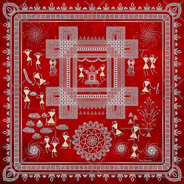 a red bandanna with white designs and people in the center, on a red background