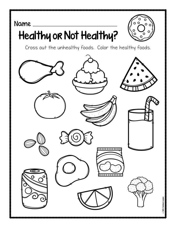 a black and white coloring page with food items on it, including fruit, vegetables, milk