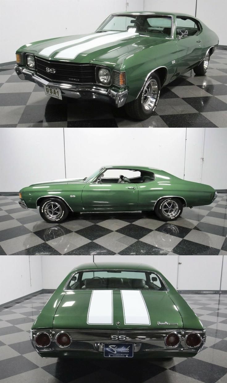 three pictures of the same green car in different stages of being displayed on a black and white checkered floor