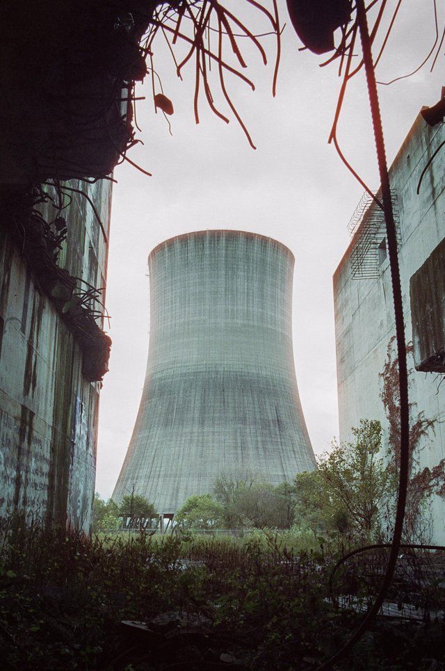 two cooling towers in the distance with plants growing out of it's sides and trees on either side