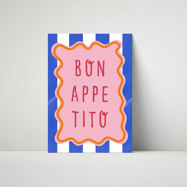 a card with the words bon appe tito written in pink and blue stripes