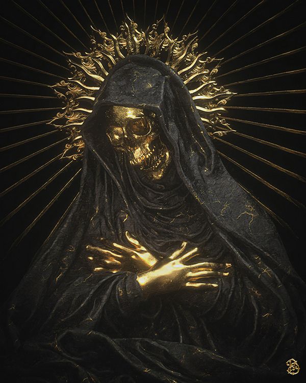 the statue of person is shown in gold and black