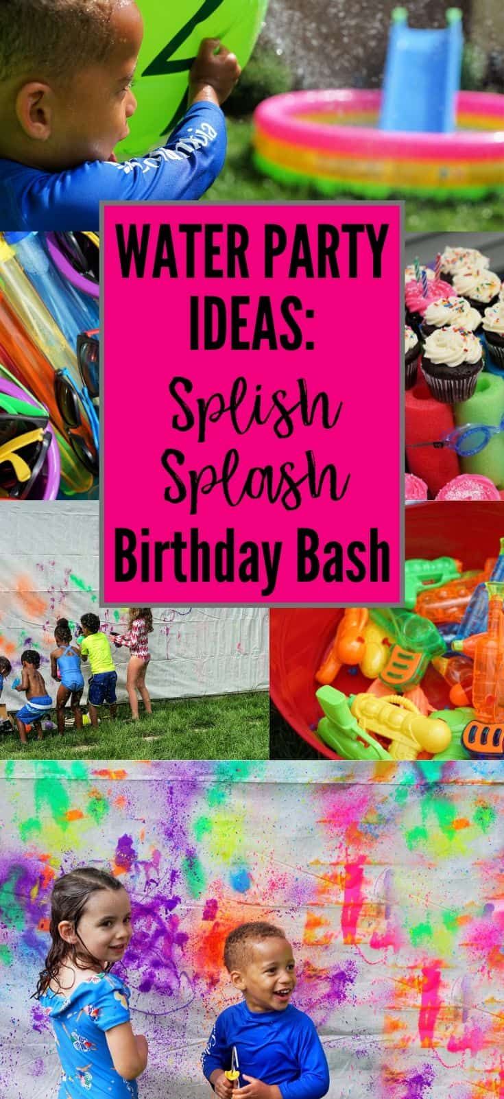 water party ideas splish splash birthday bash with kids in the background and text overlay that reads, water party ideas splish splash birthday bash