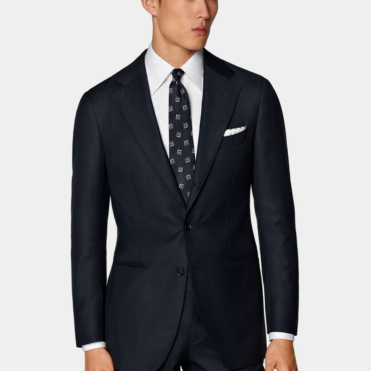 A versatile navy suit for just about any occasion, this year-round Havana is the perfect blend of accessible tailoring and classic style. Available as a suit or separates. Navy Fitted Suit For Office, Navy Fitted Suits For Office, Fitted Navy Suit For Office, Navy Three-piece Suit For Business Casual, Luxury Business Casual Suit With Notch Lapel, Luxury Notch Lapel Business Casual Suits, Professional Suits With Pressed Crease Tailoring, Navy Tuxedo With Notch Lapel For Work, Navy Tailored Suits For Formal Occasions