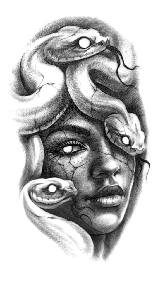 a drawing of a woman's face with snakes on her head and the eyes