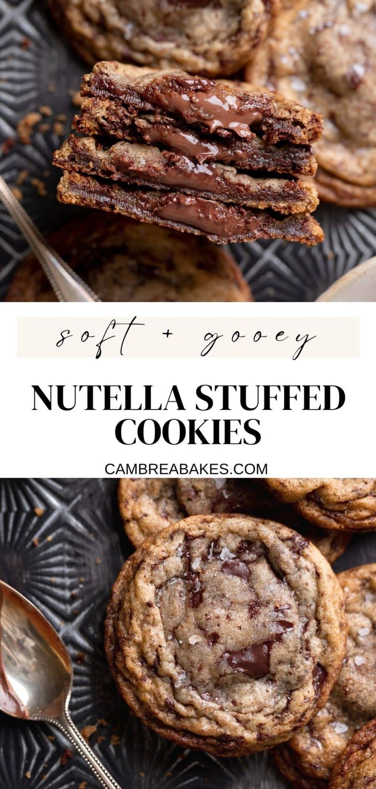 chocolate nutella stuffed cookies are stacked on top of each other with the words soft and gooey written above them