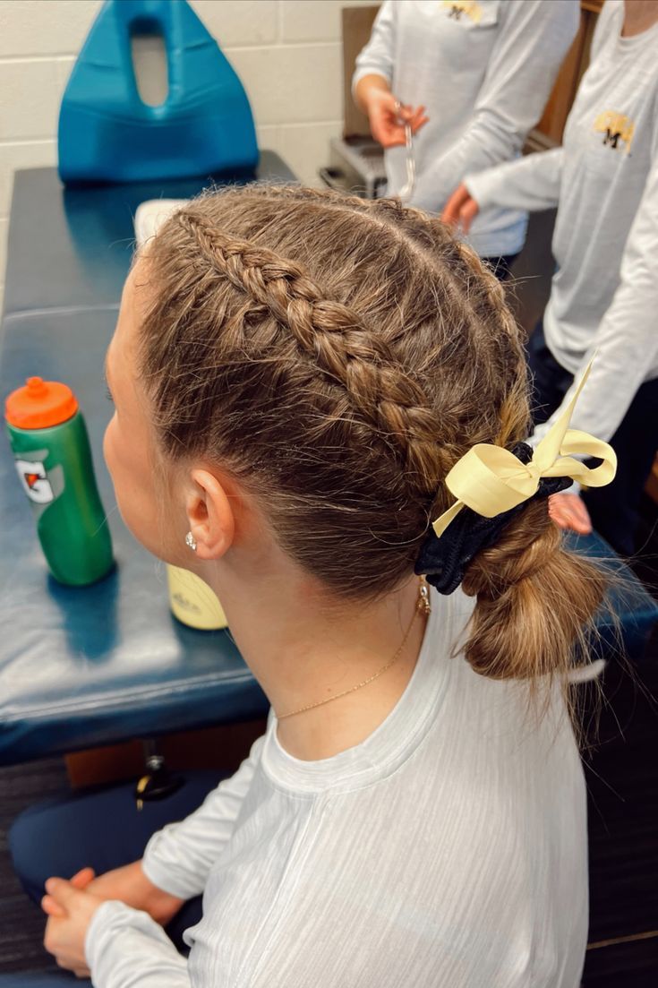 Gymnastics Meet Hair, Hair Low Bun, Volleyball Hair Bows, Low Bun Hairstyle, Short Hair For Kids, Soccer Hairstyles, Slick Hair, Sports Hair, Track Hairstyles