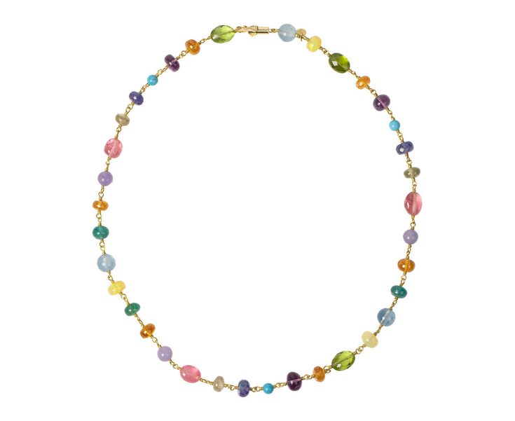 A rainbow of mixed-shape beads make this stunning Mallary Marks necklace a must-have for any serious collector. With a color to match everything, each bead - including tourmaline, aquamarine, amethyst, tanzanite, mandarin garnet, tanzanite, chalcedony, peridot, sapphire and turquoise - is wrapped in 22K yellow gold wire to create the continuous strand. Layered with your other favorites or worn alone, it also offers an understated elegance. total length : 16 3/4" : 22K yellow goldaquamarine : 10. Luxury Multicolor Briolette Necklaces, Luxury Multicolor Briolette Necklace, Luxury Multicolor Multi-stone Necklaces, Luxury Multicolor Single Strand Necklaces, Luxury Multicolor Single Strand Necklace, Luxury Multicolor Beaded Jewelry, Luxury Multicolor Necklaces With Natural Stones, Luxury Multicolor Natural Stone Necklaces, Luxury Multicolor Round Bead Jewelry