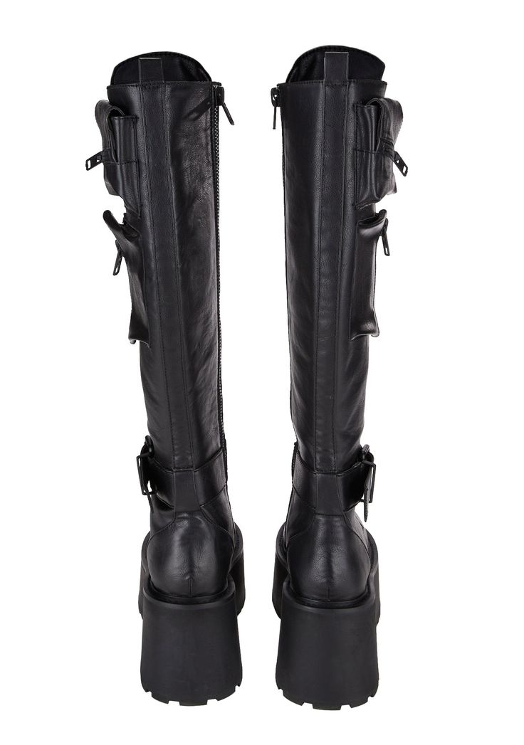 will have ya winnin’ every battle. These knee high boots have a vegan leather construction, treaded platform soles, zippered stash pockets on the sides, an adjustable buckle,front lace-ups, and side zipper closures. Punk Ankle-high Platform Boots With Reinforced Heel, Black Knee-high Platform Boots With Reinforced Heel, Leather Knee-high Platform Boots With Zipper, Black Leather Platform Boots With 4-inch Heel, Black Ankle-high Platform Boots With Zipper, Current Mood Clothing, Free Skiing, Ski Mask, Free Socks