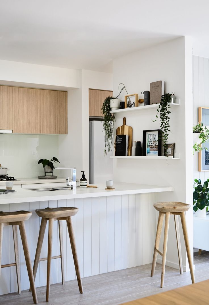 two stools are in front of the kitchen counter and shelves with plants on them