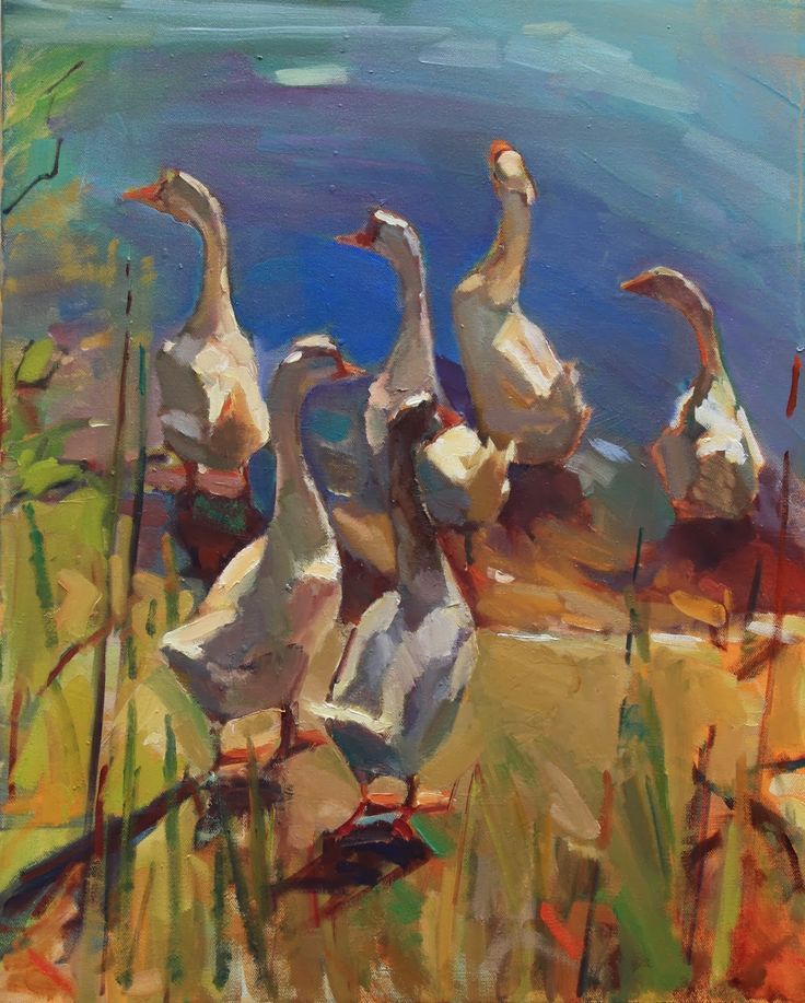 a painting of ducks standing in the grass