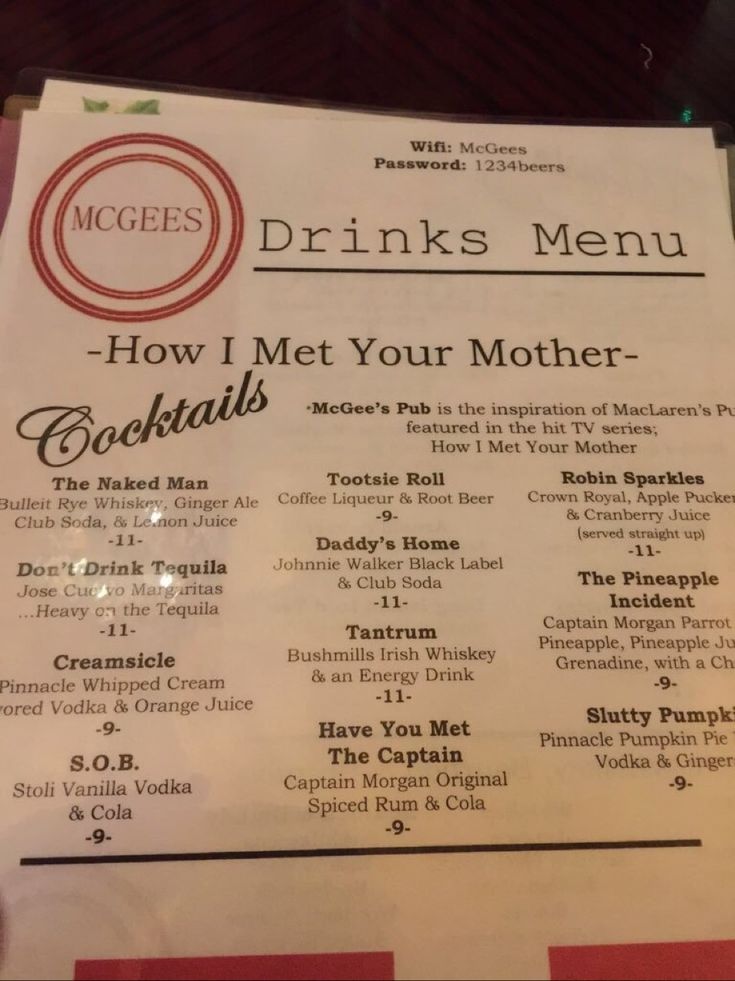 a menu for drinks on a table at a restaurant