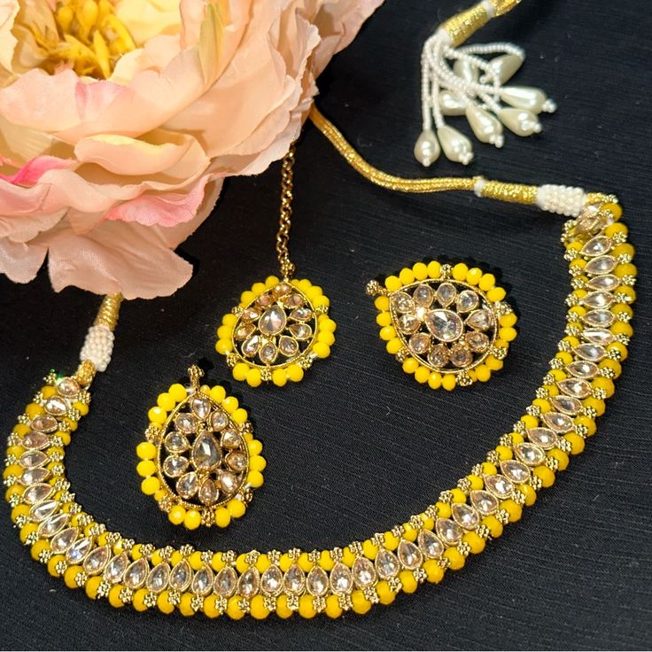 Brand New 3 Pcs Choker, Earrings, Tikka. Gorgeous Yellow Beaded & Gold Plated Tear Shaped Work On. Perfect For Any Occasion & Outfit Traditional Occasions Never Got Chance To Wear It. New Are Before. Yellow Round Necklaces For Party, Yellow Earrings For Party And Festivals, Festive Yellow Jewelry Sets As Gifts, Festive Yellow Jewelry Sets As A Gift, Festive Yellow Jewelry Sets For Gift, Yellow Round Jewelry For Parties, Yellow Round Necklace For Party, Yellow Jewelry For Party Festivals, Festive Yellow Beaded Jewelry