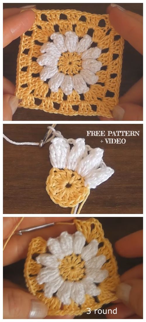 crochet flowers are shown in three different pictures, one is white and the other is yellow