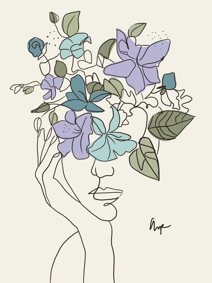 a drawing of a woman's head with flowers in her hair and leaves on it