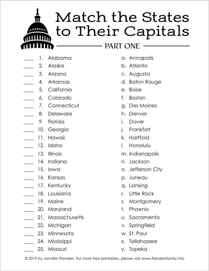 the states to their capital, which are labeled in black and white with text that reads match