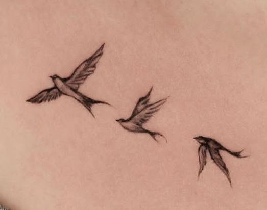 three birds flying in the air on a woman's back side ribcage