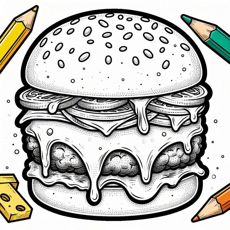 a drawing of a cheeseburger with some crayons and pencils around it