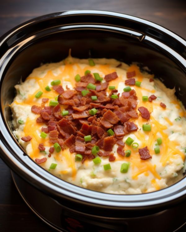 a crock pot filled with mashed potatoes, bacon and green onions on top