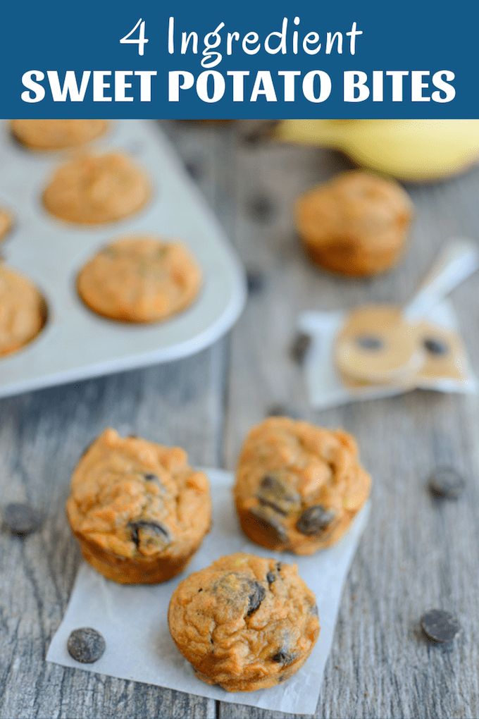 chocolate chip muffins with text overlay that reads 4 ingredient sweet potato bites