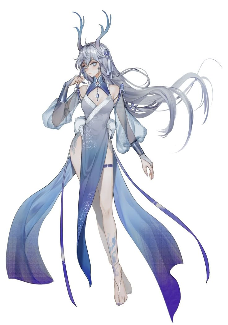 an anime character with long white hair and blue dress