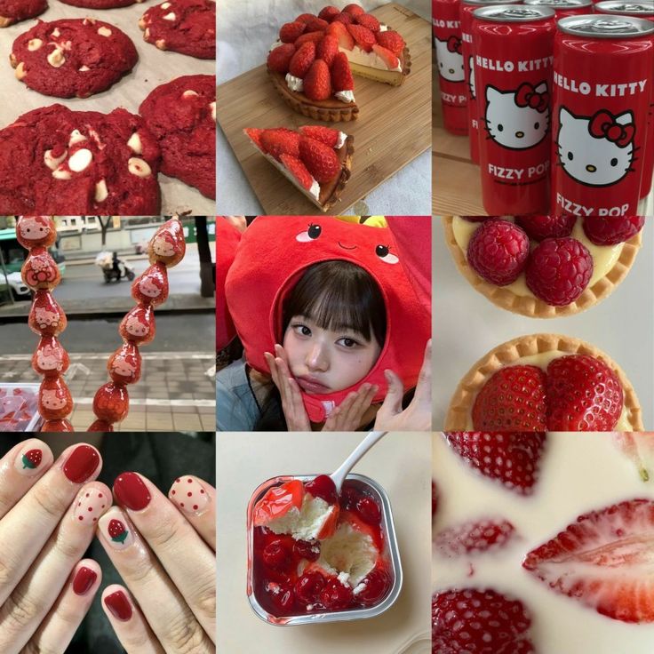 the collage has pictures of different foods and drinks on it, including strawberries