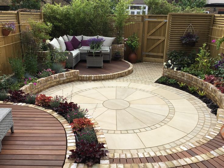 an outdoor patio area with seating and landscaping