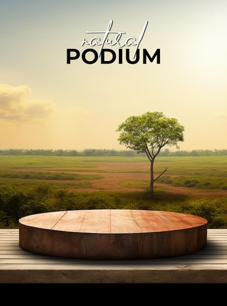 a wooden table sitting on top of a wooden platform in front of a field with a tree