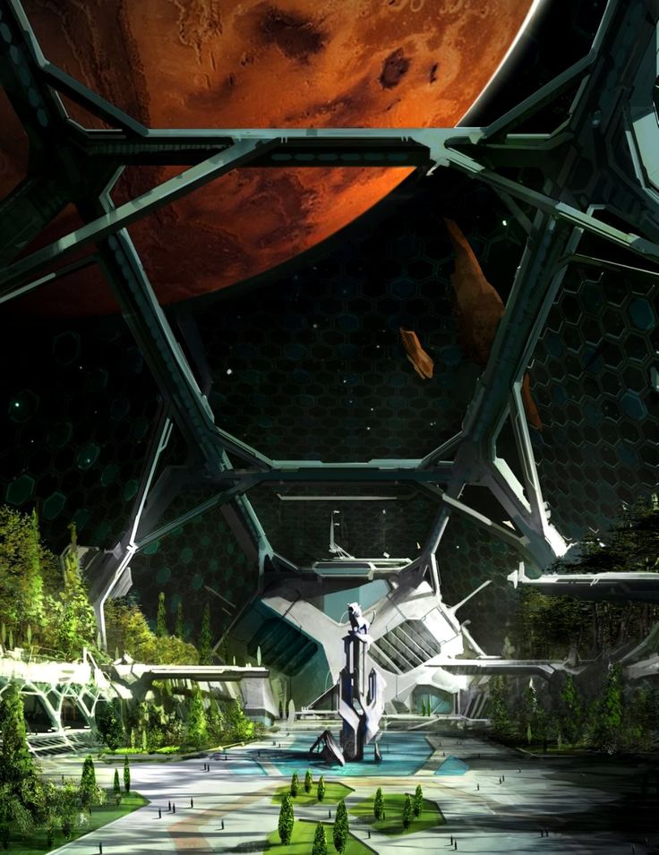 an image of a sci - fi space station with trees and planets in the background