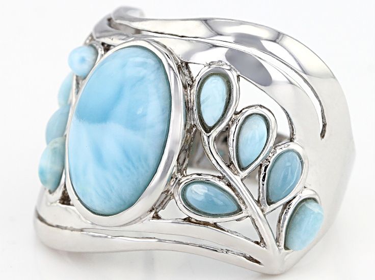 13x9mm oval and 4x2mm pear shape larimar cabochon, rhodium over sterling silver band ring. Measures approximately .88"L x .79"W. Not sizeable. Amethyst Cocktail Ring, Country Jewelry, Silver Ring Designs, Dope Jewelry, Art Nouveau Jewelry, Sterling Silver Rings Bands, Turquoise Rings, Silver Band Ring, Blue Gemstones