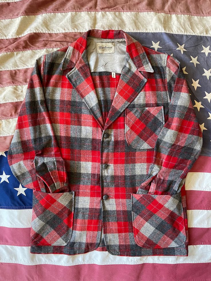 "100% Wool  Made in California  Red and grey flannel  Size medium  Sportsman by Cal-Made tag Chest 24\" Shoulders 17\" Height 30 1/2\" Shoulder to sleeve 23\"" Grey Flannel, Flannel Jacket, Red And Grey, Santa Monica, Mens Jackets, Jackets & Coats, California, Size Medium, Mens Outfits